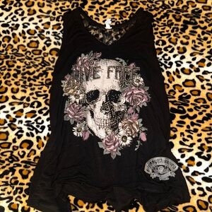 Y2k Gothic Grunge Rhinestone Skull Roses Tank Top with Lace back